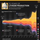 25년간의 국가별 리튬 생산 시각화 이미지