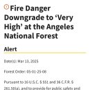 Angeles National Forest Fire Danger Downgrade to ‘Very High’ at the Angeles 이미지