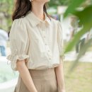 사랑스러운 데일리 룩 완성 카라 퍼프소매 밴딩 스트링 셔츠 블라우스 후기